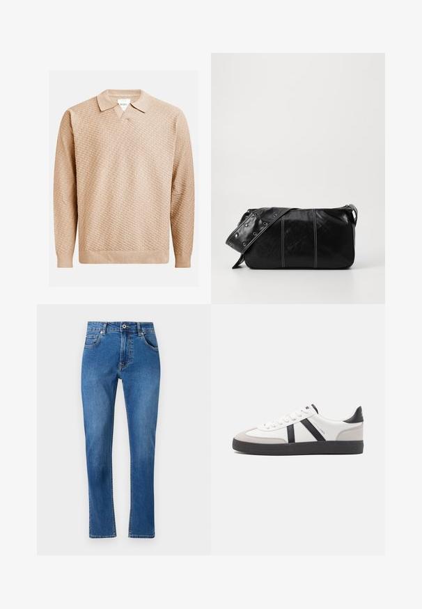 Beżowy sweter dzianinowy o teksturowanym wzorze, z klasycznym kołnierzykiem i ściągaczami na rękawach. Wykonany z miękkiego, lekkiego materiału.; Niebieskie dżinsy o prostym kroju nogawki, pięć kieszeni i widoczne detale szycia. Materiał ma lekkie przetarcie. Klasyczny styl.; Białe sneakersy z czarnymi i szarymi akcentami, z teksturowanym szarym czubkiem, czarną gumową podeszwą i płaskimi białymi sznurowadłami. Czysty design, minimalistyczny styl.; Czarna skórzana torba na ramię z zamkiem błyskawicznym, charakteryzująca się teksturowanym korpusem, białymi przeszyciami oraz paskiem z srebrnymi osłonkami.