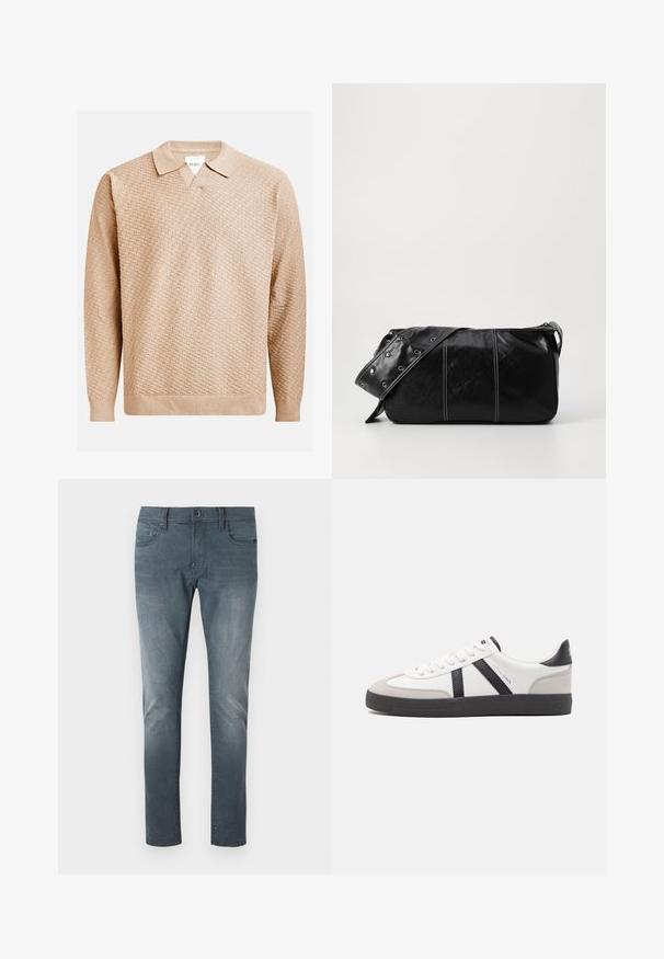 Beige strikket genser med et strukturert mønster, med klassisk krage og ribbestrikkede mansjetter. Laget av mykt, lett materiale.; Falmede blå denimjeans med rett passform, med klassisk fem-lommers design, knappelukking og subtile slitasjedetaljer.; Hvite sneakers med svarte og grå detaljer, med en teksturert grå tåhette, svart gummisåle, og flate hvite lisser. Rent design, minimalistisk stil.; Svart lær skulderveske med glidelås, med teksturert overflate, hvite sømmer og en stropp med sølvringer.