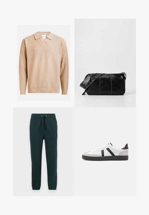 Beige strikket genser med et strukturert mønster, med klassisk krage og ribbestrikkede mansjetter. Laget av mykt, lett materiale.; Mørkegrønne joggebukser med elastisk midjebånd, snøring og ribbestrikkede mansjetter; har en subtil preget logo på fronten.; Hvite sneakers med svarte og grå detaljer, med en teksturert grå tåhette, svart gummisåle, og flate hvite lisser. Rent design, minimalistisk stil.; Svart lær skulderveske med glidelås, med teksturert overflate, hvite sømmer og en stropp med sølvringer.