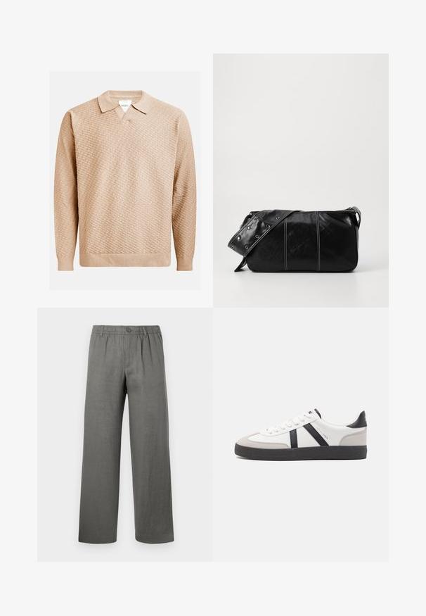 Beige knitted sweater with a textured pattern, featuring a classic collar and ribbed cuffs. Made from soft, lightweight material.; Grey linen trousers with a relaxed fit, elastic waistband, button closure, and straight legs. Smooth texture, minimalistic design.; White sneaker with black and gray accents, featuring a textured gray toe cap, black rubber sole, and flat white laces. Clean design, minimalist style.; Black leather shoulder bag with a zip closure, featuring a textured body, white stitching, and a strap with silver grommets.