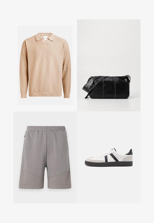 Beige knitted sweater with a textured pattern, featuring a classic collar and ribbed cuffs. Made from soft, lightweight material.; Gray athletic shorts with an elastic waistband, featuring a textured lower panel and a smooth upper section.; White sneaker with black and gray accents, featuring a textured gray toe cap, black rubber sole, and flat white laces. Clean design, minimalist style.; Black leather shoulder bag with a zip closure, featuring a textured body, white stitching, and a strap with silver grommets.