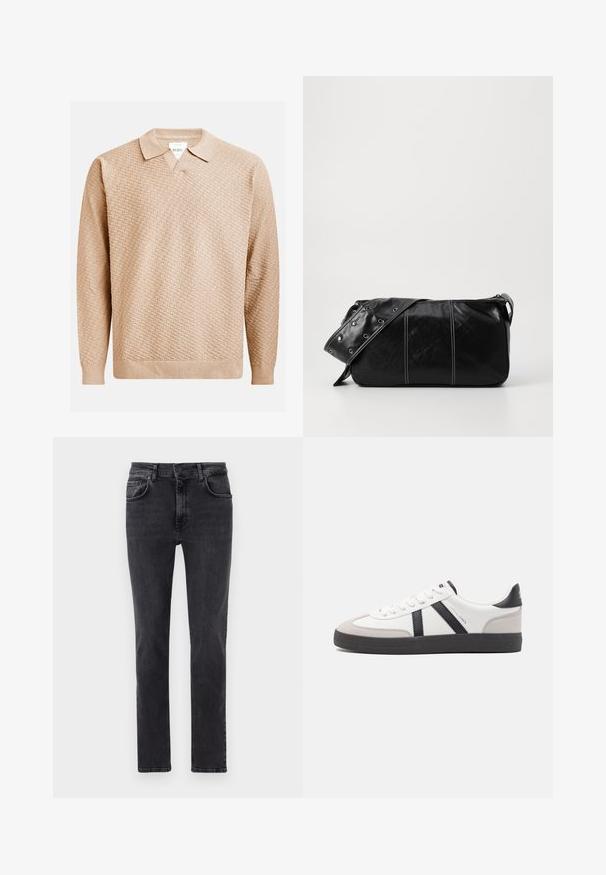 Beige strikket genser med et strukturert mønster, med klassisk krage og ribbestrikkede mansjetter. Laget av mykt, lett materiale.; Sorte denimjeans med rett ben, fem lommer og subtil bleking. Laget av myk, fleksibel bomull.; Hvite sneakers med svarte og grå detaljer, med en teksturert grå tåhette, svart gummisåle, og flate hvite lisser. Rent design, minimalistisk stil.; Svart lær skulderveske med glidelås, med teksturert overflate, hvite sømmer og en stropp med sølvringer.