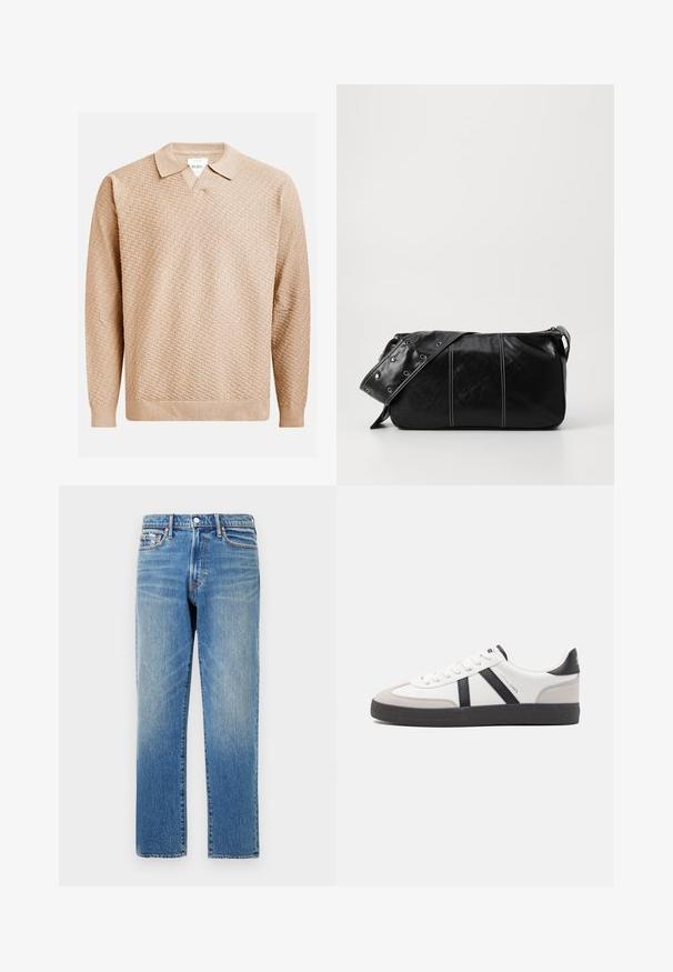 Béžový pletený svetr s texturovaným vzorem, který má klasický límec a žebrované manžety. Vyrobeno z měkkého, lehkého materiálu.; Světle modré džíny s rovný střih, vysokým pasem, jemným vyblednutím a švy na kapsách a pase.; Bílé tenisky s černými a šedými akcenty, opatřené texturovaným šedým prstovým krytem, černou gumovou podrážkou a plochými bílými tkaničkami. Čistý design, minimalistický styl.; Černá kožená kabelka přes rameno se zapínáním na zip, s texturovaným tělem, bílým prošíváním a popruhem se stříbrnými očky.