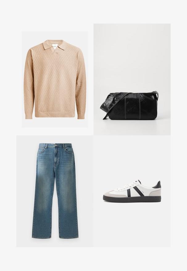 Beesvärviline kudumisjakker, millel on tekstuuriline muster, klassikaline krae ja ribadest mansetid. Valmistatud pehmest ja kergest materjalist.; Sinine teksariie laiade jalgadega, millel on pleekinud pesu, klassikaline viie-tasku disain ja metallsulgemine vööl.; Valged tossud mustade ja hallide aktsentidega, tekstureeritud halli varbakattega, musta kummitald ja lamedad valged paelad. Puhtad jooned, minimalistlik stiil.; Must mustra nahkainine õlakott, millel on tõmblukk, tekstureeritud pind, valged õmblused ja rihm hõbedaste rõngastega.