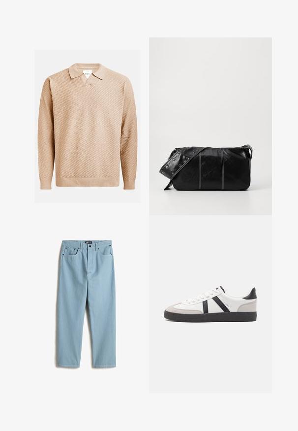 Pull en tricot beige avec un motif texturé, doté d'un col classique et de poignets côtelés. Fabriqué à partir d'un matériau doux et léger.; Pantalon en denim bleu clair, coupe droite, avec cinq poches, des coutures contrastées discrètes et une étiquette de marque sur la taille.; Baskets blanches avec des accents noirs et gris, présentant un embout texturé gris, une semelle en caoutchouc noir et des lacets plats blancs. Design épuré, style minimaliste.; Sac à épaule en cuir noir avec une fermeture éclair, doté d'un corps texturé, de coutures blanches et d'une sangle avec des œillets en argent.