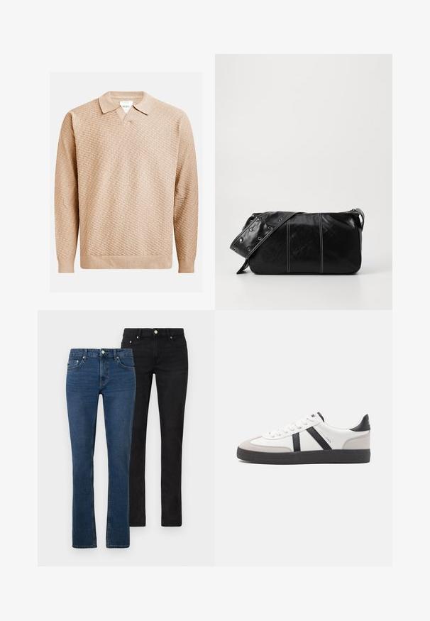 Beige strikket genser med et strukturert mønster, med klassisk krage og ribbestrikkede mansjetter. Laget av mykt, lett materiale.; To par med jeans: en lys blå og en svart. Begge er rett ben, laget av denim, med frontlommer og metallknapper.; Hvite sneakers med svarte og grå detaljer, med en teksturert grå tåhette, svart gummisåle, og flate hvite lisser. Rent design, minimalistisk stil.; Svart lær skulderveske med glidelås, med teksturert overflate, hvite sømmer og en stropp med sølvringer.