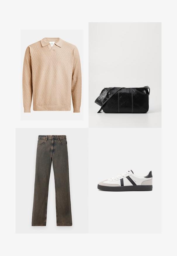 Pull en tricot beige avec un motif texturé, doté d'un col classique et de poignets côtelés. Fabriqué à partir d'un matériau doux et léger.; Jeans droits couleur marron délavé avec poches avant, fermeture à bouton et passants de ceinture, présentés sur un fond blanc.; Baskets blanches avec des accents noirs et gris, présentant un embout texturé gris, une semelle en caoutchouc noir et des lacets plats blancs. Design épuré, style minimaliste.; Sac à épaule en cuir noir avec une fermeture éclair, doté d'un corps texturé, de coutures blanches et d'une sangle avec des œillets en argent.