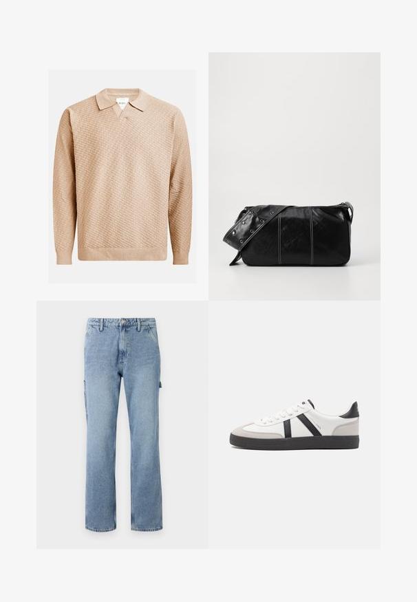 Pulover tricotat bej cu un model texturat, având un guler clasic și manșete elasticizate. Fabricat dintr-un material moale și ușor.; Pantaloni cargo din denim bleu deschis, cu picioare drepte, cinci buzunare și închidere cu buton. Caracteristici inclusiv buzunare laterale și o croială casual, confortabilă.; Sneaker alb cu accente negre și gri, având un capac de vârf gri texturat, talpă din cauciuc negru și șireturi plate albe. Design elegant, stil minimalist.; Geantă de umăr din piele neagră cu închidere cu fermoar, având un corp texturat, cusături albe și o curea cu ochiuri argintii.