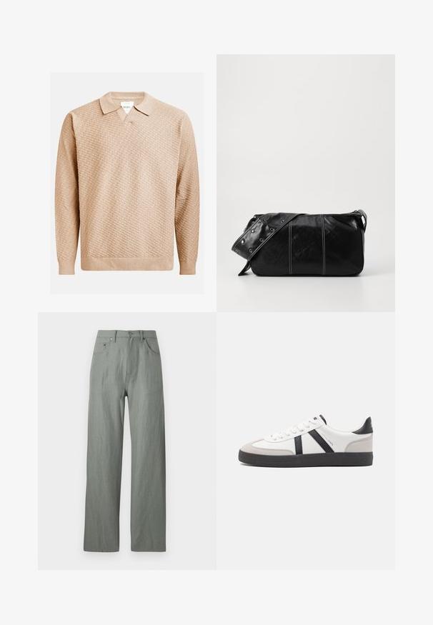 Beige strikket genser med et strukturert mønster, med klassisk krage og ribbestrikkede mansjetter. Laget av mykt, lett materiale.; Lys grønn, vide bukser laget av et mykt, teksturert stoff. Kjennetegn inkluderer en knappelukking foran og fem lommer.; Hvite sneakers med svarte og grå detaljer, med en teksturert grå tåhette, svart gummisåle, og flate hvite lisser. Rent design, minimalistisk stil.; Svart lær skulderveske med glidelås, med teksturert overflate, hvite sømmer og en stropp med sølvringer.