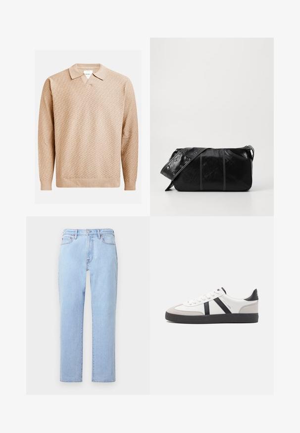 Beige stickad tröja med ett texturerat mönster, med en klassisk krage och ribbade ärmslut. Tillverkad av mjukt, lätt material.; Ljusblå denimjeans med rak bendesign, fem fickor, knäppning med knapp och subtilt urtvättad textur. Sömmarna synliga vid sömmarna.; Vit sneaker med svarta och grå accenter, med en strukturerad grå tådel, svart gummisul, och platta vita skosnören. Ren design, minimalistisk stil.; Svart läder axelväska med dragkedjestängning, som har en texturerad yta, vit sömnad och ett bälte med silveröglor.
