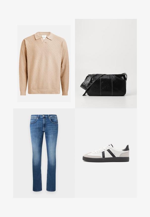 Bēša adīta džemperis ar teksturētu rakstu, kuram ir klasiskā apkakle un ribotās piedurknes. Izgatavots no mīksta, viegla materiāla.; Zilā džinsa bikses ar taisnu griezumu, ar vieglu izbalēšanu, piecām kabatām un pogu un rāvējslēdzēju. Šuves izšuvumi gar šuvēm.; Baltas sneakeris ar melniem un pelēkiem akcentiem, kuram ir teksturēts pelēks purngals, melna gumijas zole un plakanas baltas šņores. Tīrs dizains, minimālisma stils.; Melnas ādas plecu soma ar rāvējslēdzēja aizdari, ar teksturētu virsmu, baltu dūrienu un siksnu ar sudraba iekavām.