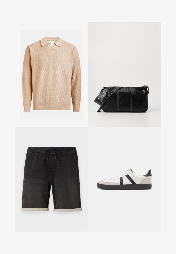 Šviesiai rudos megztos megztinio su tekstūruotu raštu, klasikine apykakle ir raukšlėtomis rankogaliais. Pagamintas iš minkštos, lengvos medžiagos.; Juodi džinsiniai šortai su elastinga juostos juosta ir raišteliu. Ypatybės: sukritę kraštai ir subtilūs tekstūros pokyčiai visame gaminyje.; Balti sportbačiai su juodais ir pilkais akcentais, pasižymintys tekstūruotu pilku pirštų dangteliu, juoda gumine padais ir plokščiomis baltomis raišteliais. Švarus dizainas, minimalistinis stilius.; Juodas odinis pečių krepšys su užtrauktuku, turintis tekstūruotą paviršių, baltą siuvinėjimą ir dirželį su sidabinėmis metalinėmis detalėmis.