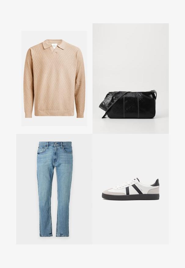 Bežna pletena pulover z teksturiranim vzorcem, ki ima klasičen ovratnik in rebraste manšete. Narejen iz mehke, lahke tkanine.; Hollister Co. Ravne kavbojke - medium wash; Bela športna obutev z črnimi in sivo akcenti, z teksturirano sivo kapico za prste, črnim gumijastim podplatom in ravnimi belimi vezalkami. Čista zasnova, minimalistični slog.; Črna usnjena torba za ramo z zadrgo, ki ima teksturirano telo, belo šivanje in trak s srebrnimi luknjami.