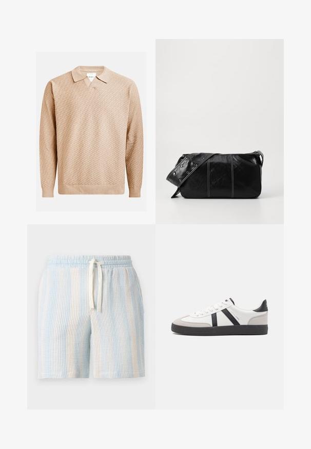 Pulover tricotat bej cu un model texturat, având un guler clasic și manșete elasticizate. Fabricat dintr-un material moale și ușor.; Shorts ușori, texturați, cu un model în dungi albastre și albe. Prezintă o talie elastică și o închidere cu șnur.; Sneaker alb cu accente negre și gri, având un capac de vârf gri texturat, talpă din cauciuc negru și șireturi plate albe. Design elegant, stil minimalist.; Geantă de umăr din piele neagră cu închidere cu fermoar, având un corp texturat, cusături albe și o curea cu ochiuri argintii.