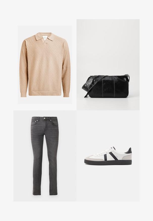 Pulover tricotat bej cu un model texturat, având un guler clasic și manșete elasticizate. Fabricat dintr-un material moale și ușor.; Blugi din denim gri, cu o croială slim, având un design clasic cu cinci buzunare, închidere frontală cu nasture și detalii texturate fine pe întreaga suprafață.; Sneaker alb cu accente negre și gri, având un capac de vârf gri texturat, talpă din cauciuc negru și șireturi plate albe. Design elegant, stil minimalist.; Geantă de umăr din piele neagră cu închidere cu fermoar, având un corp texturat, cusături albe și o curea cu ochiuri argintii.