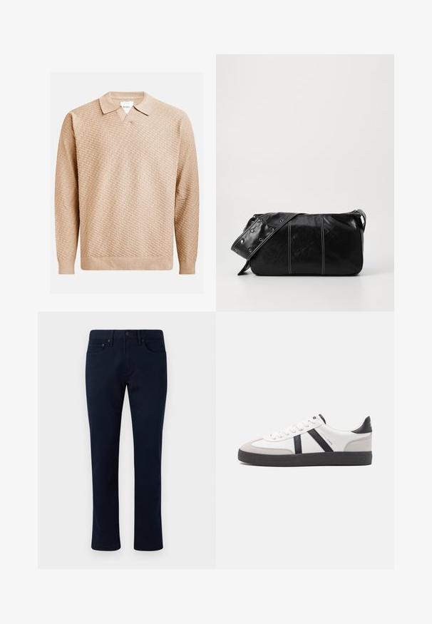 Bežna pletena pulover z teksturiranim vzorcem, ki ima klasičen ovratnik in rebraste manšete. Narejen iz mehke, lahke tkanine.; Mornarsko modri traper hlače s slim fit krojem, ki vključujejo klasičen pet žepni dizajn in diskretne šive. Gladka tekstura brez okrasnih elementov.; Bela športna obutev z črnimi in sivo akcenti, z teksturirano sivo kapico za prste, črnim gumijastim podplatom in ravnimi belimi vezalkami. Čista zasnova, minimalistični slog.; Črna usnjena torba za ramo z zadrgo, ki ima teksturirano telo, belo šivanje in trak s srebrnimi luknjami.