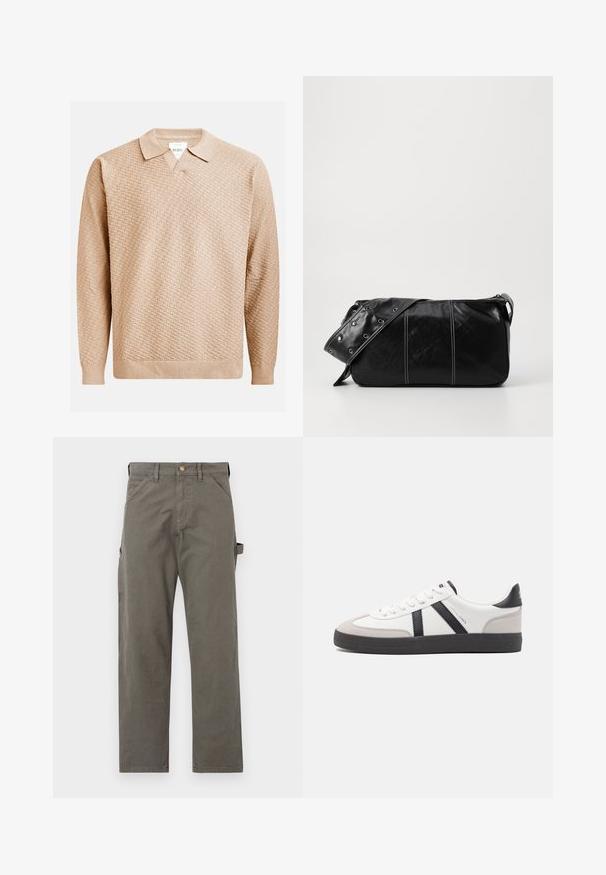 Maglione beige lavorato a maglia con un motivo testurizzato, dotato di un colletto classico e polsini a costine. Realizzato in materiale morbido e leggero.; Pantaloni cargo in cotone grigio scuro con gamba dritta, dotati di tasche laterali e chiusura con bottone in vita. Texture liscia, dettagli minimi.; Sneaker bianco con accenti neri e grigi, dotata di una punta grigia testurizzata, suola in gomma nera e lacci bianchi piatti. Design pulito, stile minimalista.; Borsa a spalla in pelle nera con chiusura a zip, caratterizzata da un corpo testurizzato, cuciture bianche e una tracolla con occhielli in argento.