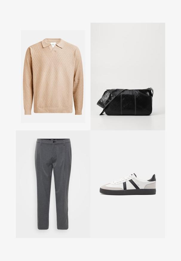 Pull en tricot beige avec un motif texturé, doté d'un col classique et de poignets côtelés. Fabriqué à partir d'un matériau doux et léger.; Pantalons gris à rayures fines en tissu tissé, dotés d'un devant plat, de passants de ceinture et d'une fermeture à bouton unique. Coupe ajustée et ourlets finies.; Baskets blanches avec des accents noirs et gris, présentant un embout texturé gris, une semelle en caoutchouc noir et des lacets plats blancs. Design épuré, style minimaliste.; Sac à épaule en cuir noir avec une fermeture éclair, doté d'un corps texturé, de coutures blanches et d'une sangle avec des œillets en argent.