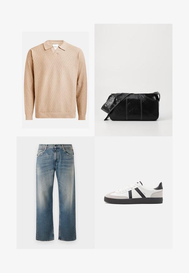 Béžový pletený svetr s texturovaným vzorem, který má klasický límec a žebrované manžety. Vyrobeno z měkkého, lehkého materiálu.; Modré denimové džíny s volným střihém a rovnými nohavicemi. Obsahují světlejší umyté detaily a klasický pětikapsový design se šitými detaily.; Bílé tenisky s černými a šedými akcenty, opatřené texturovaným šedým prstovým krytem, černou gumovou podrážkou a plochými bílými tkaničkami. Čistý design, minimalistický styl.; Černá kožená kabelka přes rameno se zapínáním na zip, s texturovaným tělem, bílým prošíváním a popruhem se stříbrnými očky.