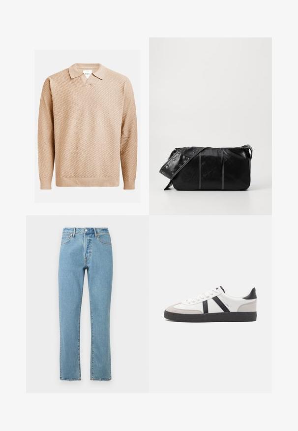 Maglione beige lavorato a maglia con un motivo testurizzato, dotato di un colletto classico e polsini a costine. Realizzato in materiale morbido e leggero.; Jeans in denim blu chiaro con taglio dritto, caratterizzati da cuciture arancioni, chiusura con bottone e classico design a cinque tasche.; Sneaker bianco con accenti neri e grigi, dotata di una punta grigia testurizzata, suola in gomma nera e lacci bianchi piatti. Design pulito, stile minimalista.; Borsa a spalla in pelle nera con chiusura a zip, caratterizzata da un corpo testurizzato, cuciture bianche e una tracolla con occhielli in argento.