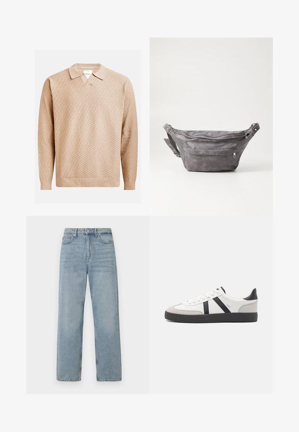 Šviesiai rudos megztos megztinio su tekstūruotu raštu, klasikine apykakle ir raukšlėtomis rankogaliais. Pagamintas iš minkštos, lengvos medžiagos.; Šviesiai mėlyni džinsai su aukštu juosmeniu, tiesių kojų dizainu, penkių kišenių stiliumi ir subtiliu nudilimo efektu.; Balti sportbačiai su juodais ir pilkais akcentais, pasižymintys tekstūruotu pilku pirštų dangteliu, juoda gumine padais ir plokščiomis baltomis raišteliais. Švarus dizainas, minimalistinis stilius.; Pilkas suedes fanny pack'as apvalios formos, su dviem užtraukiamais skyreliais ir reguliuojama diržele. Yra metaliniai aksesuarai.