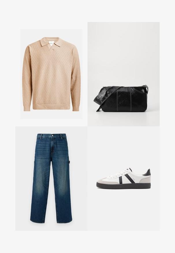 Béžový pletený svetr s texturovaným vzorem, který má klasický límec a žebrované manžety. Vyrobeno z měkkého, lehkého materiálu.; Široké modré denimové kalhoty s vybledlými akcenty, s tradičním zapínáním na knoflík a zip, a postranní kapsou na levé straně.; Bílé tenisky s černými a šedými akcenty, opatřené texturovaným šedým prstovým krytem, černou gumovou podrážkou a plochými bílými tkaničkami. Čistý design, minimalistický styl.; Černá kožená kabelka přes rameno se zapínáním na zip, s texturovaným tělem, bílým prošíváním a popruhem se stříbrnými očky.
