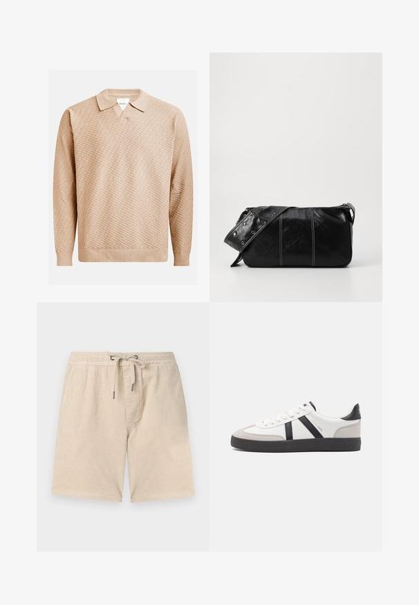 Beige knitted sweater with a textured pattern, featuring a classic collar and ribbed cuffs. Made from soft, lightweight material.; Beige corduroy shorts with an elastic waistband, drawstring closure, and side pockets; features vertical ribbed texture.; White sneaker with black and gray accents, featuring a textured gray toe cap, black rubber sole, and flat white laces. Clean design, minimalist style.; Black leather shoulder bag with a zip closure, featuring a textured body, white stitching, and a strap with silver grommets.