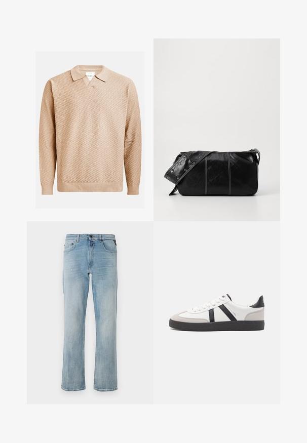 Beige neulepusero, jossa on teksturoitu kuvio, klassinen kaulus ja resorit hihansuissa. Valmistettu pehmeästä, kevyestä materiaalista.; Vaalean siniset farkut rentoa istuvuutta, joissa on hienovaraisia kuluneita yksityiskohtia ja klassinen viiden taskun muotoilu.; Valkoiset lenkkarit mustilla ja harmailla yksityiskohdilla, joissa on teksturoitu harmaa kärki, musta kumipohja ja litteät valkoiset nauhat. Siisti muotoilu, minimalistinen tyyli.; Mustakulmainen nahkainen olkalaukku, jossa on vetoketjukiinnitys, teksturoitu pinta, valkoiset ompeleet ja hihna, jossa on hopeiset niitit.