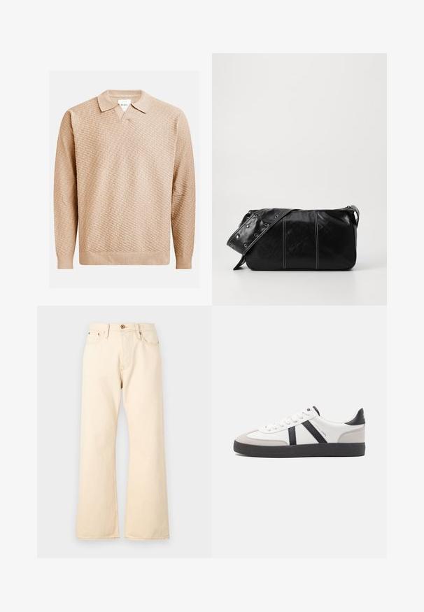 Béžový pletený svetr s texturovaným vzorem, který má klasický límec a žebrované manžety. Vyrobeno z měkkého, lehkého materiálu.; Béžové džíny s vysokým pasem a širokým střihem, vyrobené z denimu, s předním zapínáním na knoflík a dvěma zadními kapsami.; Bílé tenisky s černými a šedými akcenty, opatřené texturovaným šedým prstovým krytem, černou gumovou podrážkou a plochými bílými tkaničkami. Čistý design, minimalistický styl.; Černá kožená kabelka přes rameno se zapínáním na zip, s texturovaným tělem, bílým prošíváním a popruhem se stříbrnými očky.