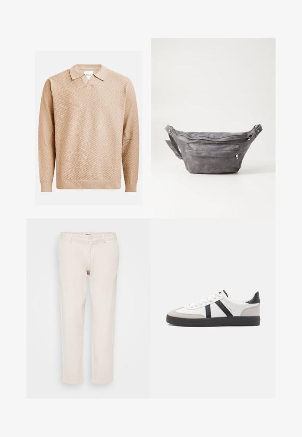 Pull en tricot beige avec un motif texturé, doté d'un col classique et de poignets côtelés. Fabriqué à partir d'un matériau doux et léger.; Pantalons en coton beige à coupe droite, dotés d'une fermeture à bouton, de passants de ceinture et sans motifs ni textures visibles.; Baskets blanches avec des accents noirs et gris, présentant un embout texturé gris, une semelle en caoutchouc noir et des lacets plats blancs. Design épuré, style minimaliste.; Sac banane en suède gris avec une forme arrondie, deux compartiments zippés et une sangle réglable. Comprend des accents en métal.