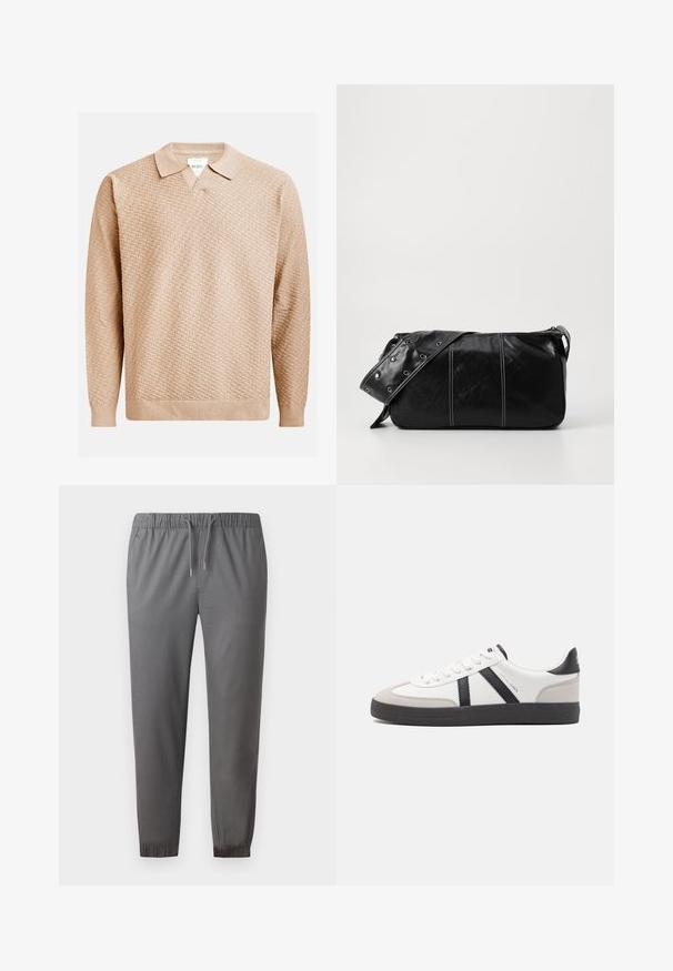 Beige knitted sweater with a textured pattern, featuring a classic collar and ribbed cuffs. Made from soft, lightweight material.; Gray jogger pants made of soft fabric, featuring an elastic waistband with drawstring, cuffed ankles, and a smooth texture.; White sneaker with black and gray accents, featuring a textured gray toe cap, black rubber sole, and flat white laces. Clean design, minimalist style.; Black leather shoulder bag with a zip closure, featuring a textured body, white stitching, and a strap with silver grommets.