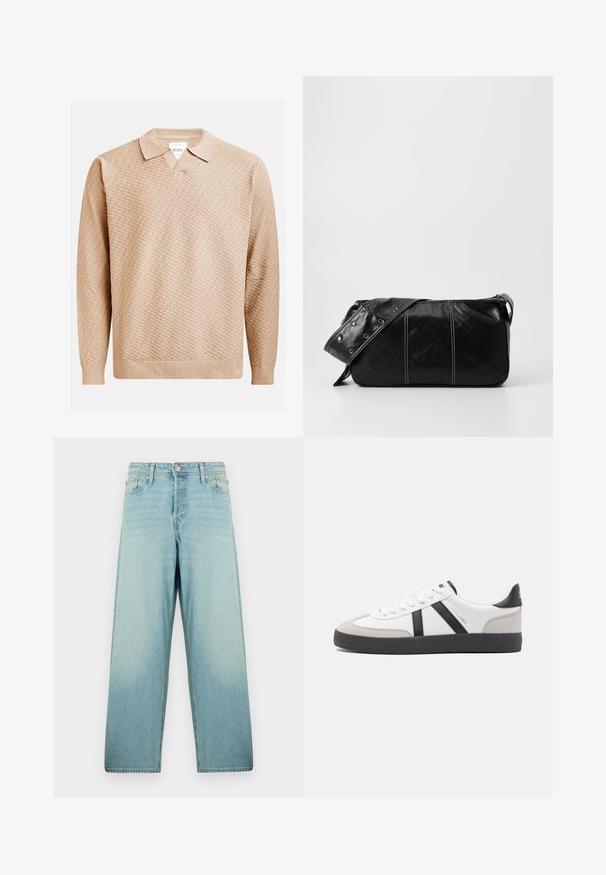 Beige stickad tröja med ett texturerat mönster, med en klassisk krage och ribbade ärmslut. Tillverkad av mjukt, lätt material.; Ljust blå vida jeans gjorda av denim med en urtvättad look. Har knäppning fram och fem fickor.; Vit sneaker med svarta och grå accenter, med en strukturerad grå tådel, svart gummisul, och platta vita skosnören. Ren design, minimalistisk stil.; Svart läder axelväska med dragkedjestängning, som har en texturerad yta, vit sömnad och ett bälte med silveröglor.