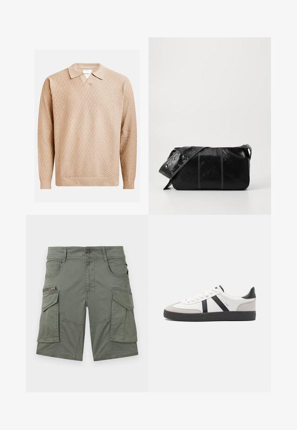 Bežna pletena pulover z teksturiranim vzorcem, ki ima klasičen ovratnik in rebraste manšete. Narejen iz mehke, lahke tkanine.; Olivnozelene cargo kratke hlače iz mešanice bombaža. Imajo več žepov, vključno z žepom na zadrgo, ter trdne šive.; Bela športna obutev z črnimi in sivo akcenti, z teksturirano sivo kapico za prste, črnim gumijastim podplatom in ravnimi belimi vezalkami. Čista zasnova, minimalistični slog.; Črna usnjena torba za ramo z zadrgo, ki ima teksturirano telo, belo šivanje in trak s srebrnimi luknjami.