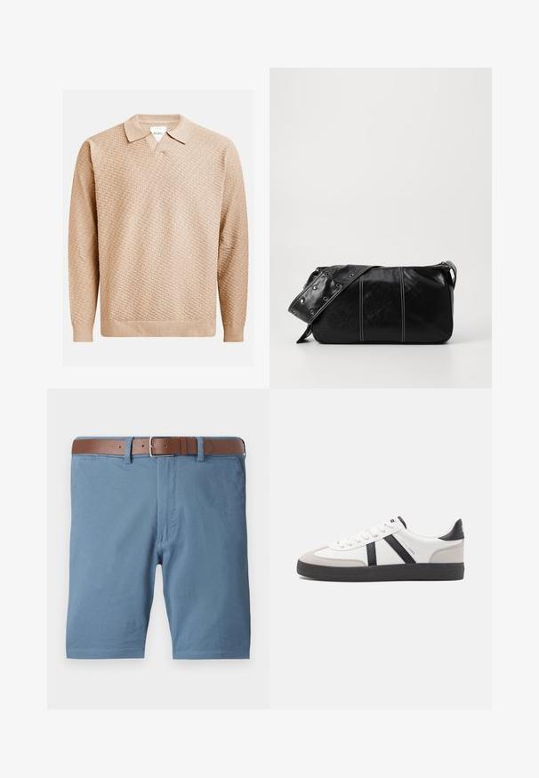 Bēša adīta džemperis ar teksturētu rakstu, kuram ir klasiskā apkakle un ribotās piedurknes. Izgatavots no mīksta, viegla materiāla.; Zilas kokvilnas šorts ar brūnu ādas jostu, taisnu griezumu, priekšējām kabatām un gludu apdari pie malām.; Baltas sneakeris ar melniem un pelēkiem akcentiem, kuram ir teksturēts pelēks purngals, melna gumijas zole un plakanas baltas šņores. Tīrs dizains, minimālisma stils.; Melnas ādas plecu soma ar rāvējslēdzēja aizdari, ar teksturētu virsmu, baltu dūrienu un siksnu ar sudraba iekavām.