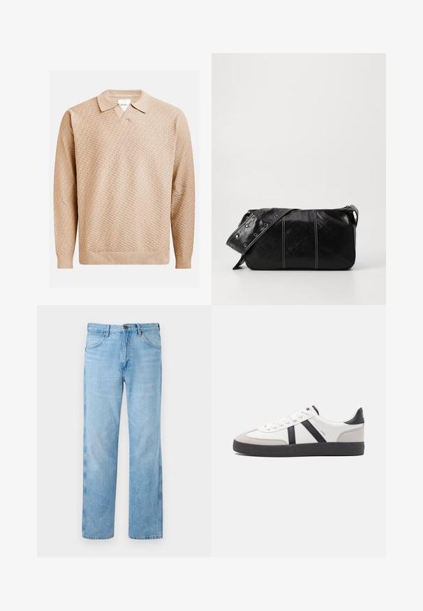 Šviesiai rudos megztos megztinio su tekstūruotu raštu, klasikine apykakle ir raukšlėtomis rankogaliais. Pagamintas iš minkštos, lengvos medžiagos.; Šviesiai mėlyni tiesūs džinsai, pagaminti iš denimo, turintys klasiką penkių kišenių dizainą, siuvinėjimo detales ir metalinį mygtuko uždarymą.; Balti sportbačiai su juodais ir pilkais akcentais, pasižymintys tekstūruotu pilku pirštų dangteliu, juoda gumine padais ir plokščiomis baltomis raišteliais. Švarus dizainas, minimalistinis stilius.; Juodas odinis pečių krepšys su užtrauktuku, turintis tekstūruotą paviršių, baltą siuvinėjimą ir dirželį su sidabinėmis metalinėmis detalėmis.