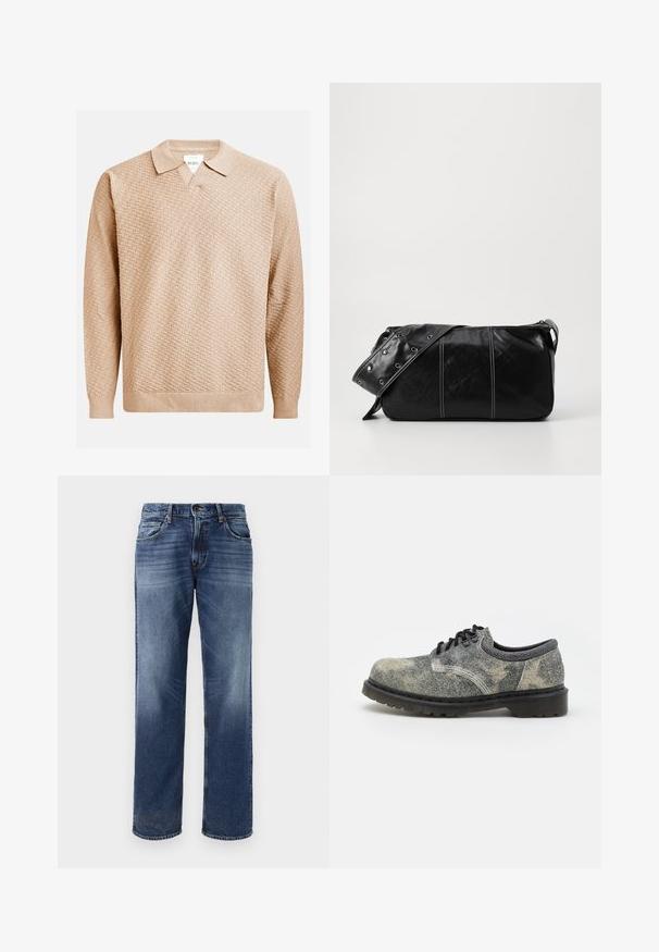 Bežna pletena pulover z teksturiranim vzorcem, ki ima klasičen ovratnik in rebraste manšete. Narejen iz mehke, lahke tkanine.; Moške modre kavbojke s ravnim krojem, rahlo zbledelimi, petimi žepi in gumbnim zapiranjem.; Čevlji z vezalkami, izdelani iz teksturiranega sivega blaga z črnimi detajli, debelim gumijastim podplatom in belimi šivi. Oblika zaobljenega nosu.; Črna usnjena torba za ramo z zadrgo, ki ima teksturirano telo, belo šivanje in trak s srebrnimi luknjami.
