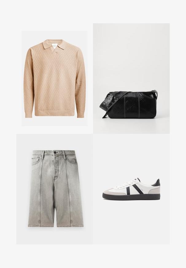 Suéter de punto beige con un patrón texturizado, que presenta un cuello clásico y puños acanalados. Confeccionado en un material suave y ligero.; Pantalones cortos de mezclilla gris con un diseño de corte recto, que cuentan con dos bolsillos frontales, un cierre de botón y detalles de costura en contraste.; Zapatilla blanca con acentos en negro y gris, que presenta una puntera texturizada en gris, suela de goma negra y cordones planos blancos. Diseño limpio, estilo minimalista.; Bolso de hombro de cuero negro con cierre de cremallera, que presenta un cuerpo texturizado, costuras blancas y una correa con ojales plateados.