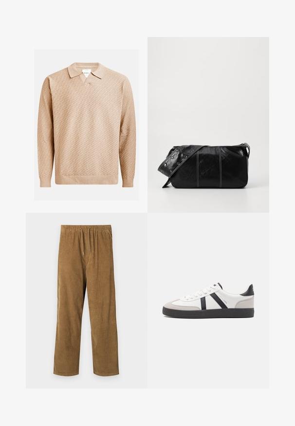 Beige knitted sweater with a textured pattern, featuring a classic collar and ribbed cuffs. Made from soft, lightweight material.; Corduroy pants in a warm brown color featuring an elastic waistband with drawstrings, relaxed fit, and vertical ribbed texture.; White sneaker with black and gray accents, featuring a textured gray toe cap, black rubber sole, and flat white laces. Clean design, minimalist style.; Black leather shoulder bag with a zip closure, featuring a textured body, white stitching, and a strap with silver grommets.