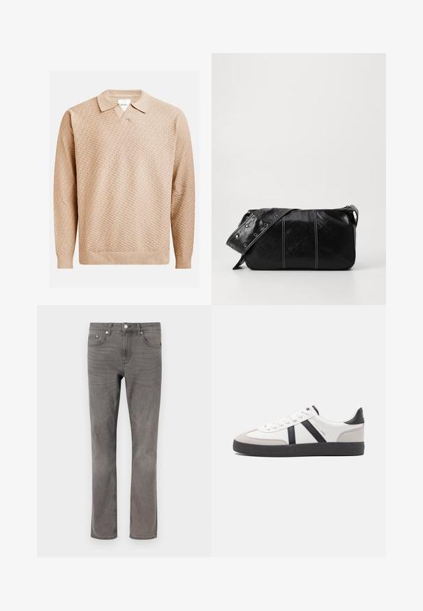 Beige knitted sweater with a textured pattern, featuring a classic collar and ribbed cuffs. Made from soft, lightweight material.; Gray denim jeans with a straight-leg cut, featuring five pockets, a button closure, and subtle fading on the fabric.; White sneaker with black and gray accents, featuring a textured gray toe cap, black rubber sole, and flat white laces. Clean design, minimalist style.; Black leather shoulder bag with a zip closure, featuring a textured body, white stitching, and a strap with silver grommets.