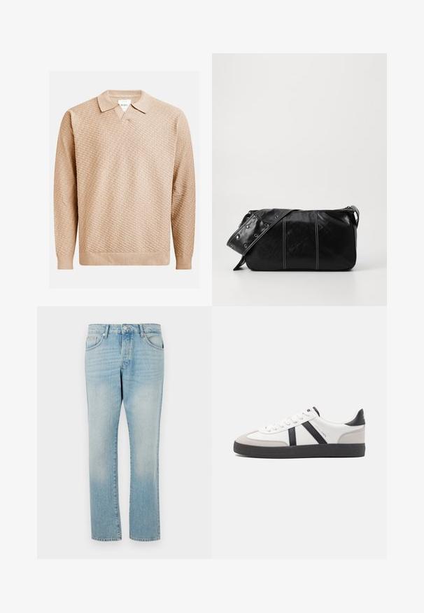 Maglione beige lavorato a maglia con un motivo testurizzato, dotato di un colletto classico e polsini a costine. Realizzato in materiale morbido e leggero.; Jeans in denim blu chiaro con un design a gamba dritta, caratterizzati da un sistema a cinque tasche e una chiusura a bottone in vita. Texture liscia.; Sneaker bianco con accenti neri e grigi, dotata di una punta grigia testurizzata, suola in gomma nera e lacci bianchi piatti. Design pulito, stile minimalista.; Borsa a spalla in pelle nera con chiusura a zip, caratterizzata da un corpo testurizzato, cuciture bianche e una tracolla con occhielli in argento.