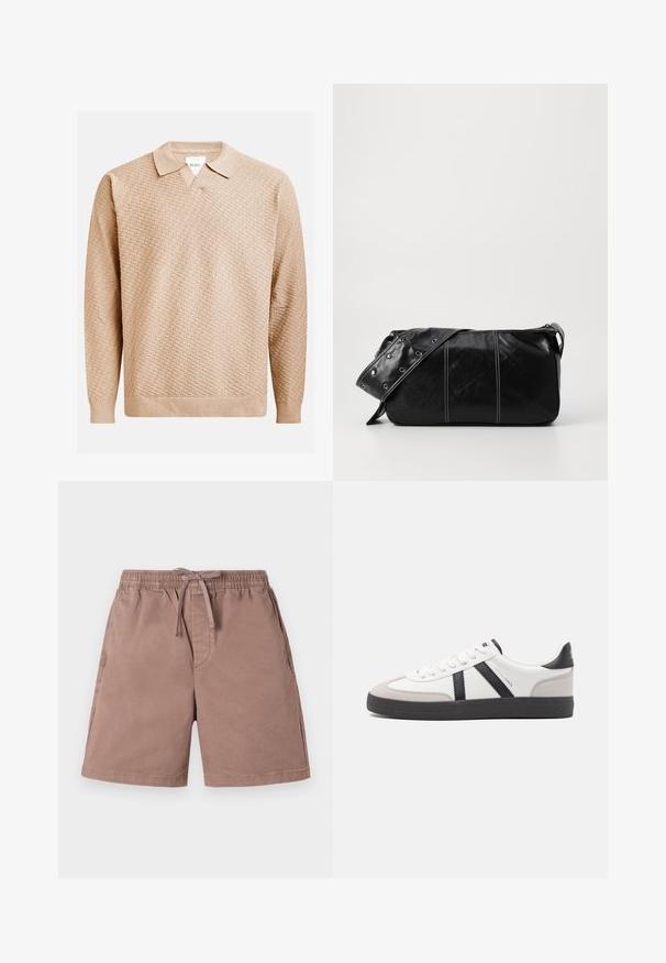 Pull en tricot beige avec un motif texturé, doté d'un col classique et de poignets côtelés. Fabriqué à partir d'un matériau doux et léger.; Shorts beige clair en tissu doux avec une taille élastique et un cordon de serrage. Comprend des poches latérales et un design décontracté.; Baskets blanches avec des accents noirs et gris, présentant un embout texturé gris, une semelle en caoutchouc noir et des lacets plats blancs. Design épuré, style minimaliste.; Sac à épaule en cuir noir avec une fermeture éclair, doté d'un corps texturé, de coutures blanches et d'une sangle avec des œillets en argent.