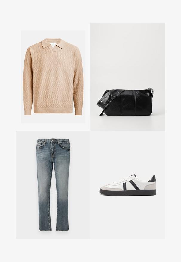 Maglione beige lavorato a maglia con un motivo testurizzato, dotato di un colletto classico e polsini a costine. Realizzato in materiale morbido e leggero.; Jeans in denim blu con un design a gamba dritta, caratterizzati da un classico layout a cinque tasche e un lavaggio sbiadito per un aspetto usurato.; Sneaker bianco con accenti neri e grigi, dotata di una punta grigia testurizzata, suola in gomma nera e lacci bianchi piatti. Design pulito, stile minimalista.; Borsa a spalla in pelle nera con chiusura a zip, caratterizzata da un corpo testurizzato, cuciture bianche e una tracolla con occhielli in argento.