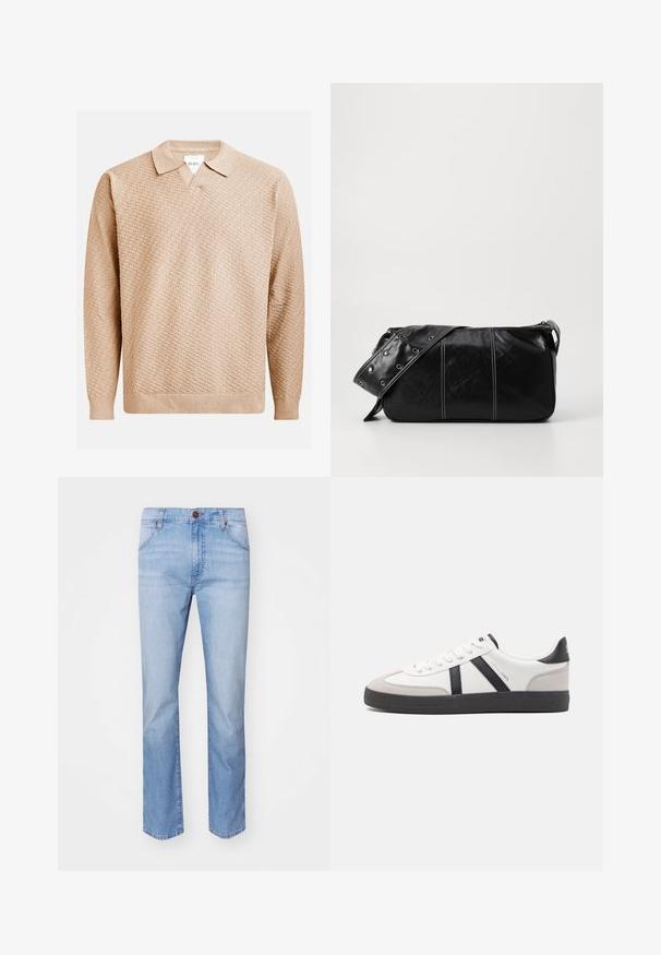 Šviesiai rudos megztos megztinio su tekstūruotu raštu, klasikine apykakle ir raukšlėtomis rankogaliais. Pagamintas iš minkštos, lengvos medžiagos.; Šviesiai mėlynos džinsinės kelnės su tiesia koja, su priekinėmis kišenėmis, mygtuko uždarymu ir švelniu blukimu visame paviršiuje.; Balti sportbačiai su juodais ir pilkais akcentais, pasižymintys tekstūruotu pilku pirštų dangteliu, juoda gumine padais ir plokščiomis baltomis raišteliais. Švarus dizainas, minimalistinis stilius.; Juodas odinis pečių krepšys su užtrauktuku, turintis tekstūruotą paviršių, baltą siuvinėjimą ir dirželį su sidabinėmis metalinėmis detalėmis.