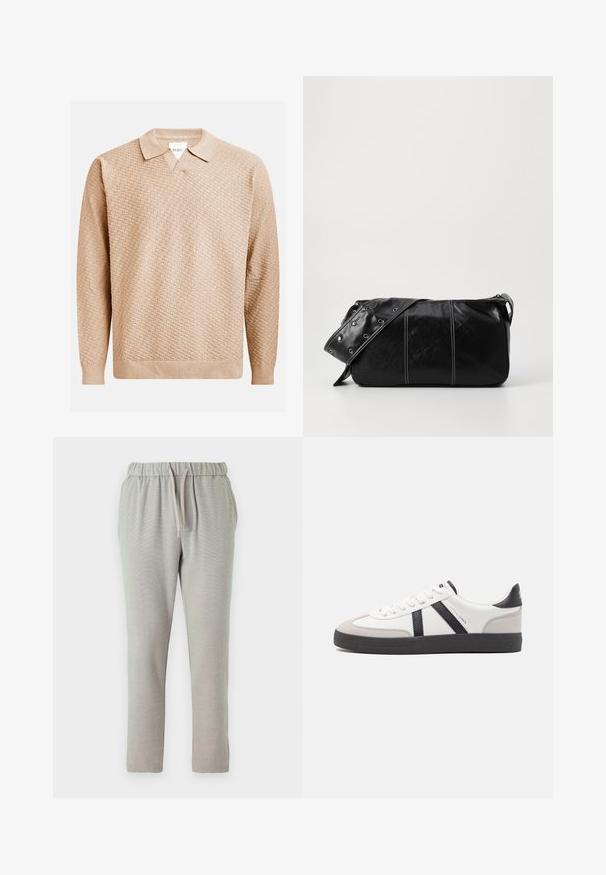 Beige gestrickter Pullover mit einem strukturierten Muster, ausgestattet mit einem klassischen Kragen und gerippten Bündchen. Hergestellt aus weichem, leichtem Material.; Hellgraue Jogginghosen mit einem elastischen Bund und Kordelzug, tapered Beinen und einem strukturierten Stoff für zusätzlichen Komfort.; Weiße Sneaker mit schwarz- und grau-aczenten, ausgestattet mit einer strukturierten grauen Zehenkappe, schwarzer Gummi-Sohle und flachen weißen Schnürsenkeln. Sauberes Design, minimalistische Stil.; Schwarze Leder Schultertasche mit Reißverschluss, ausgestattet mit einer strukturierten Oberfläche, weißen Nähten und einem Tragegurt mit silbernen Ösen.