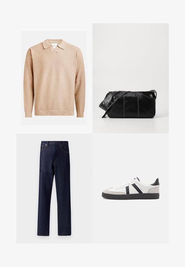 Béžový pletený sveter s textúrovaným vzorom, s klasickým golierom a rebrovanými manžetami. Vyrobený z jemného, ľahkého materiálu.; Tmavomodré džínsy so rovnými nohavicami, piatimi vreckami a nenápadnými švovými detailmi. Stredne vysoký pás s kovovým gombíkom a zipsovým zapínaním.; Biele tenisky s čiernymi a šedými akcentmi, s textúrovanou šedou špičkou, čiernou gumovou podrážkou a plochými bielymi šnúrkami. Čistý dizajn, minimalistický štýl.; Čierna kožená kabelka cez plece so zipsovým uzáverom, so štruktúrovaným telom, bielym prešívaním a popruhom so striebornými očkami.