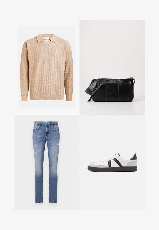 Béžový pletený svetr s texturovaným vzorem, který má klasický límec a žebrované manžety. Vyrobeno z měkkého, lehkého materiálu.; Světle modré džíny z denimu s klasickým střihem, s vybledlým povrchem, drobným opotřebením, poutky na pás, pěti kapsami a stříbrnými doplňky.; Bílé tenisky s černými a šedými akcenty, opatřené texturovaným šedým prstovým krytem, černou gumovou podrážkou a plochými bílými tkaničkami. Čistý design, minimalistický styl.; Černá kožená kabelka přes rameno se zapínáním na zip, s texturovaným tělem, bílým prošíváním a popruhem se stříbrnými očky.