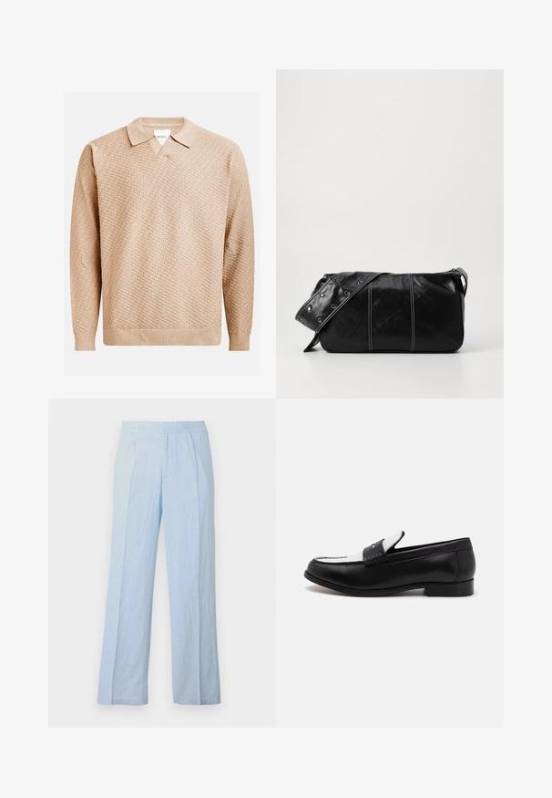 Šviesiai rudos megztos megztinio su tekstūruotu raštu, klasikine apykakle ir raukšlėtomis rankogaliais. Pagamintas iš minkštos, lengvos medžiagos.; Šviesiai mėlynos plačios kelnių kelnės iš minkštos medžiagos su briaunotu paviršiumi, su elastinga juosmena, priekyje raukta ir laisvo silueto.; Juodas odinis loaferis su kontrastinga balta odine panelėle ir siūlėmis. Pasižymi lygia apdaila ir žemu kulno dizainu.; Juodas odinis pečių krepšys su užtrauktuku, turintis tekstūruotą paviršių, baltą siuvinėjimą ir dirželį su sidabinėmis metalinėmis detalėmis.