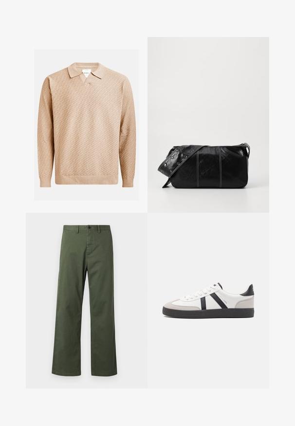 Beige gestrickter Pullover mit einem strukturierten Muster, ausgestattet mit einem klassischen Kragen und gerippten Bündchen. Hergestellt aus weichem, leichtem Material.; Grüne, weit geschnittene Hose aus Baumwollmischgewebe, mit Knopfverschluss, Gürtelschlaufen und dezentem vertikalem Muster.; Weiße Sneaker mit schwarz- und grau-aczenten, ausgestattet mit einer strukturierten grauen Zehenkappe, schwarzer Gummi-Sohle und flachen weißen Schnürsenkeln. Sauberes Design, minimalistische Stil.; Schwarze Leder Schultertasche mit Reißverschluss, ausgestattet mit einer strukturierten Oberfläche, weißen Nähten und einem Tragegurt mit silbernen Ösen.