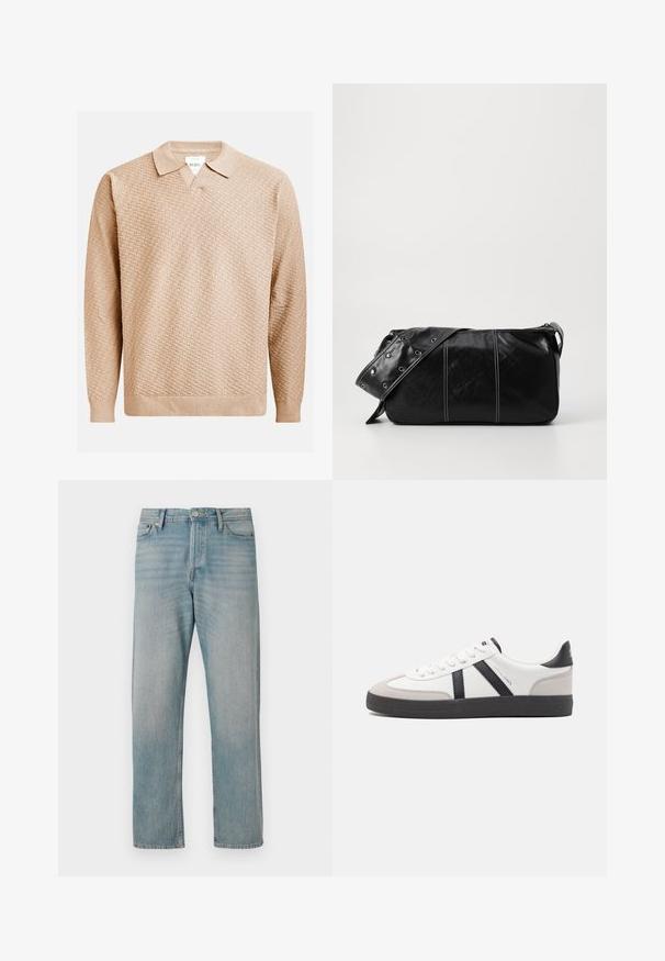 Pulover tricotat bej cu un model texturat, având un guler clasic și manșete elasticizate. Fabricat dintr-un material moale și ușor.; Jeans din denim albastru deschis cu design drept, prezintă cele cinci buzunare clasice, închidere cu nasture și decolorare ușoară pentru textură.; Sneaker alb cu accente negre și gri, având un capac de vârf gri texturat, talpă din cauciuc negru și șireturi plate albe. Design elegant, stil minimalist.; Geantă de umăr din piele neagră cu închidere cu fermoar, având un corp texturat, cusături albe și o curea cu ochiuri argintii.