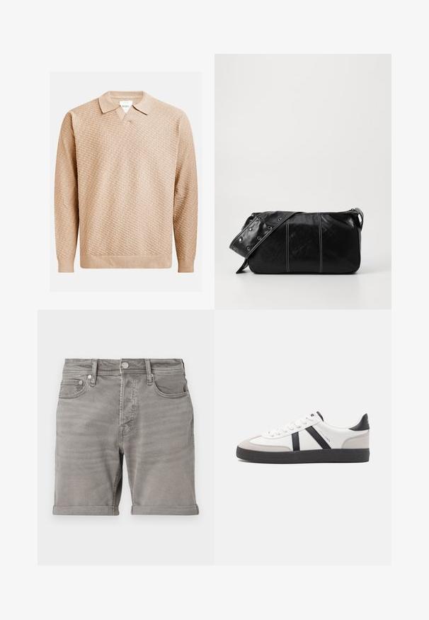 Šviesiai rudos megztos megztinio su tekstūruotu raštu, klasikine apykakle ir raukšlėtomis rankogaliais. Pagamintas iš minkštos, lengvos medžiagos.; Pilkos džinsinės šortai su klasikiniu penkių kišenių dizainu, suktas kraštas ir metalinis užsegimas. Lygi tekstūra su subtiliu išblukimu.; Balti sportbačiai su juodais ir pilkais akcentais, pasižymintys tekstūruotu pilku pirštų dangteliu, juoda gumine padais ir plokščiomis baltomis raišteliais. Švarus dizainas, minimalistinis stilius.; Juodas odinis pečių krepšys su užtrauktuku, turintis tekstūruotą paviršių, baltą siuvinėjimą ir dirželį su sidabinėmis metalinėmis detalėmis.